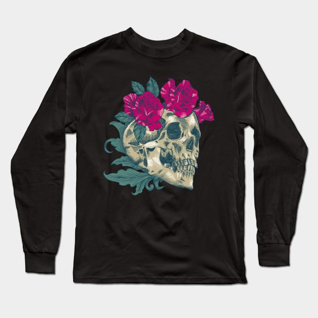 Skull And Roses Long Sleeve T-Shirt by pilipsjanuariusDesign